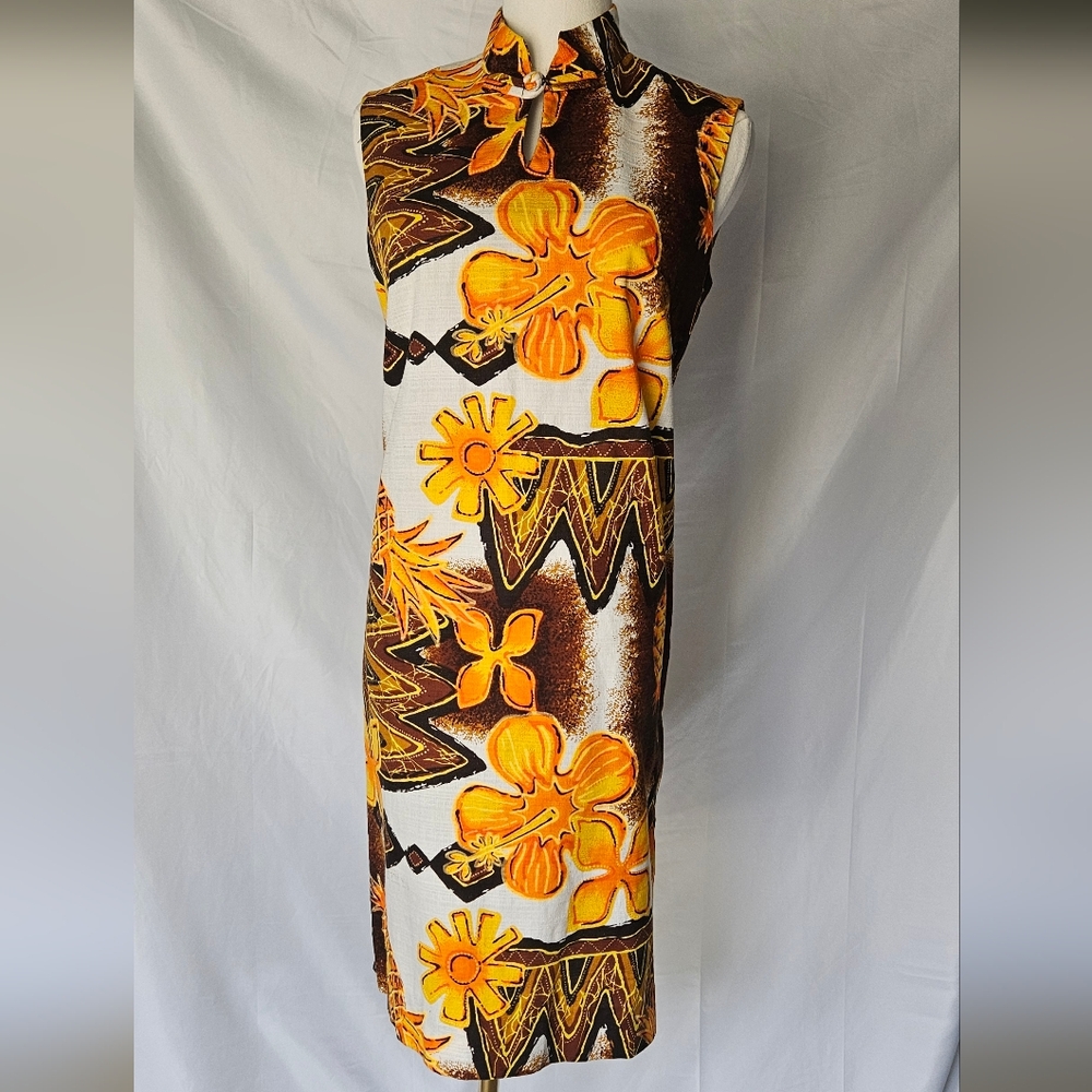 Vintage Tropical Floral High-Neck Midi Dress Brown/Orange/Yellow